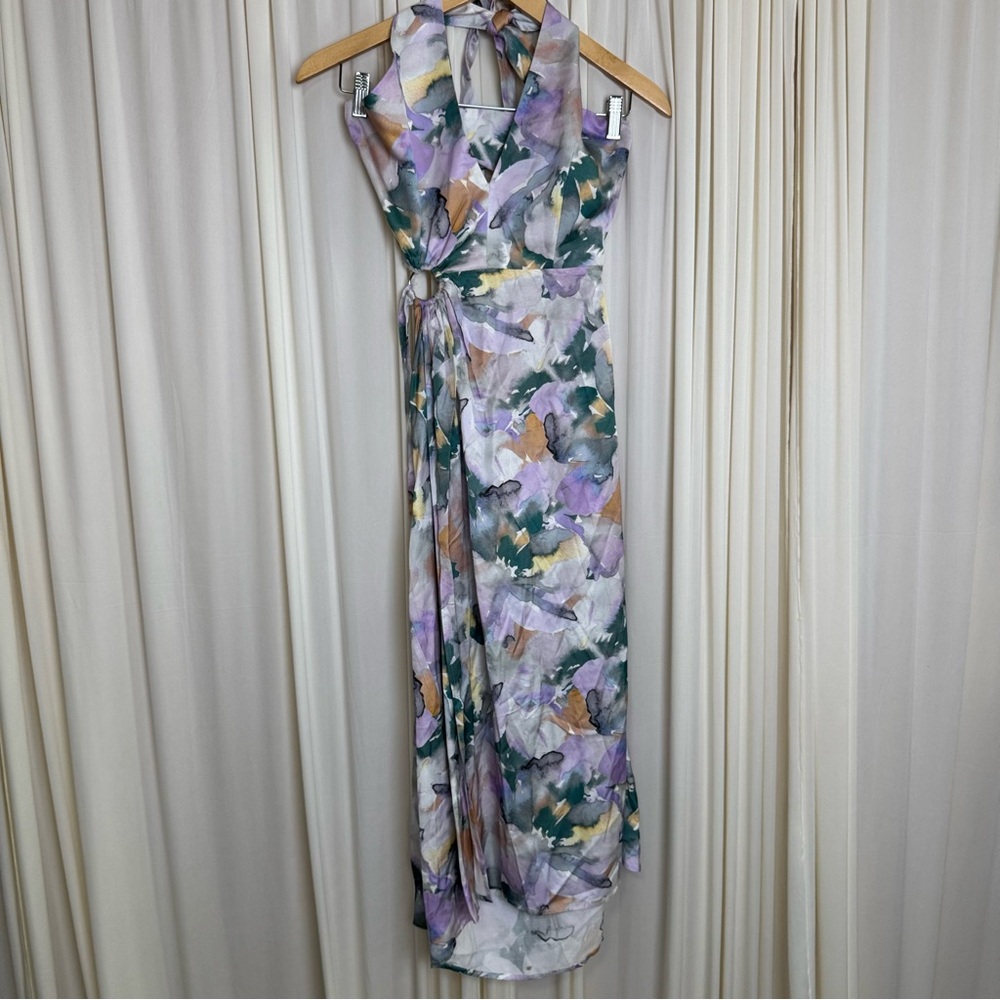 For Love And Lemons Megan Midi‎ Dress Purple Floral Satin Wrap Slit Sundress NEW - Picture 3 of 10